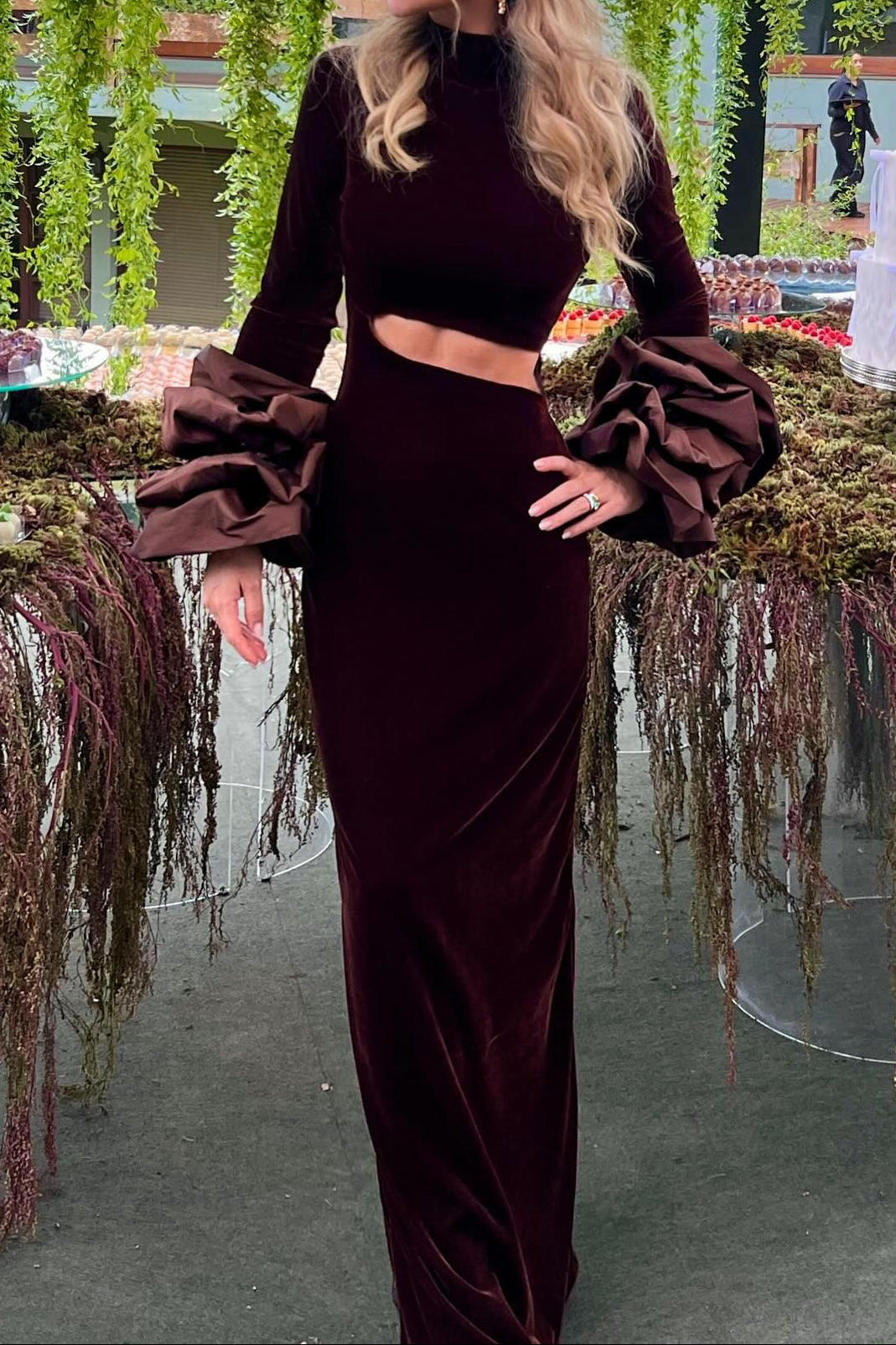 Cut-Out Velvet Column Gown with Ruffle Cuffs