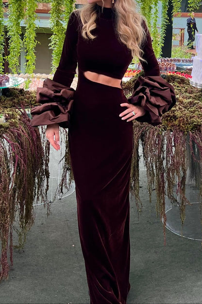Cut-Out Velvet Column Gown with Ruffle Cuffs