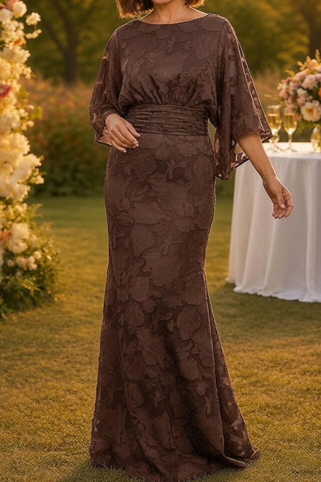 Floral Lace Sheath Gown with Bell Sleeves & V-Back