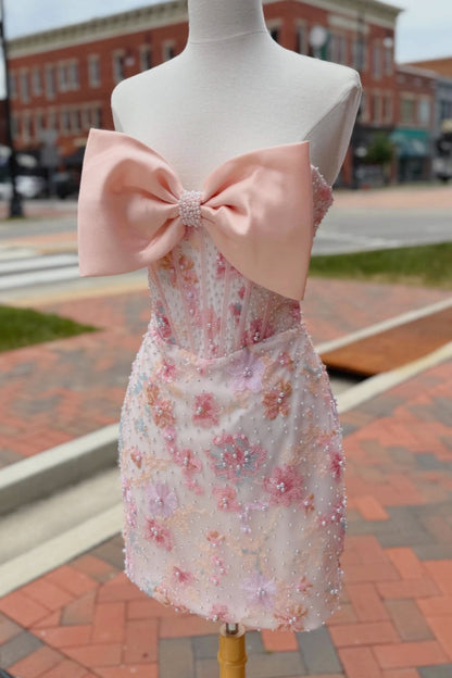 Floral Embroidered Corset Mini Dress with Giant Bow