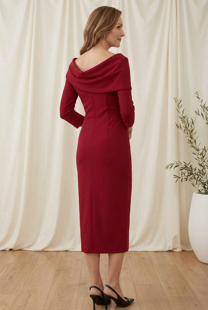 Asymmetric Neck Midi Sheath Dress with 3/4 Sleeves