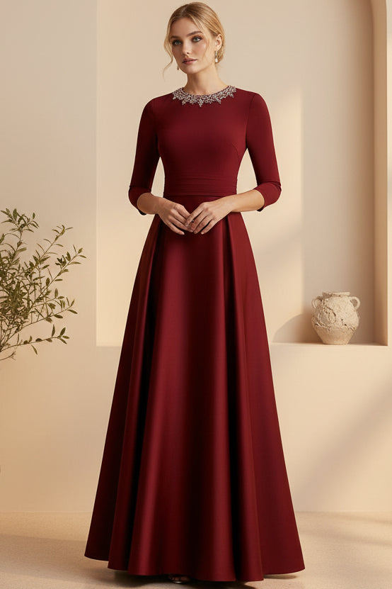 Beaded Bateau 3/4 Sleeve A-Line Gown