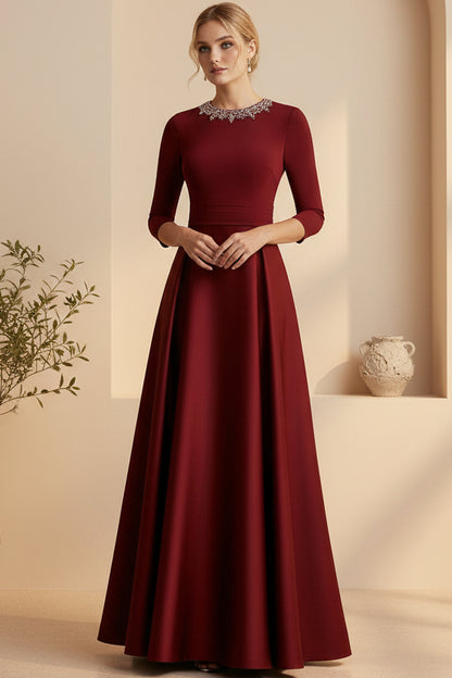 Beaded Bateau 3/4 Sleeve A-Line Gown