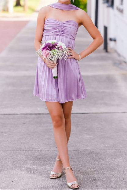 Pleated Strapless Mini Dress with Scarf