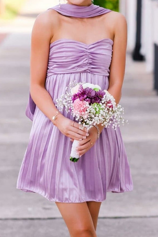Pleated Strapless Mini Dress with Scarf