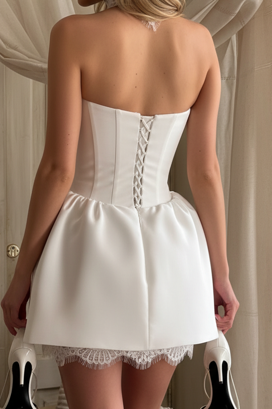 Strapless Lace-Up Corset Mini Wedding Dress