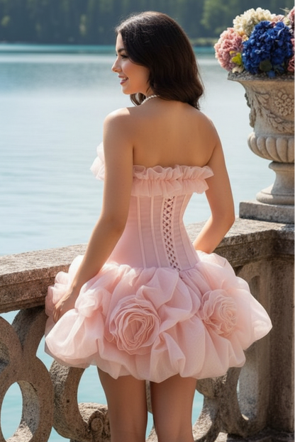 Corset Mini Dress with 3D Rosette Bubble Skirt