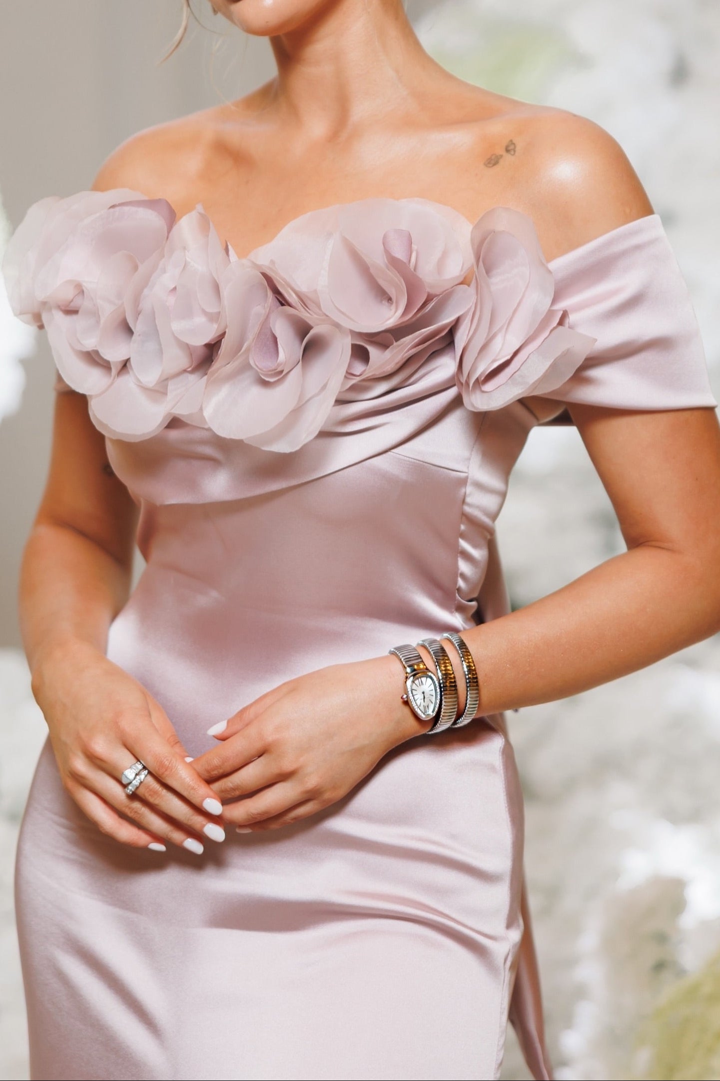 Off-the-Shoulder 3D Floral Satin Evening Gown