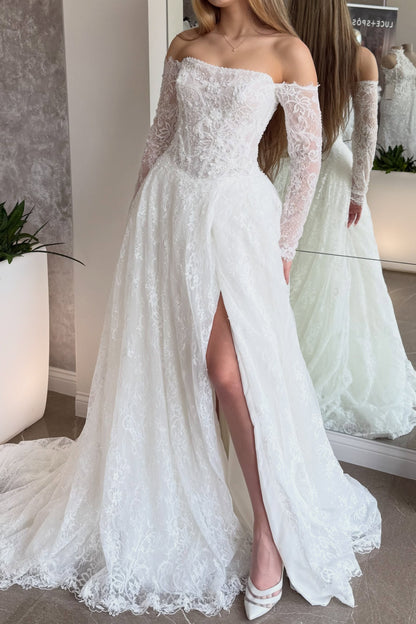Off-Shoulder Lace A-Line Wedding Gown with High Slit