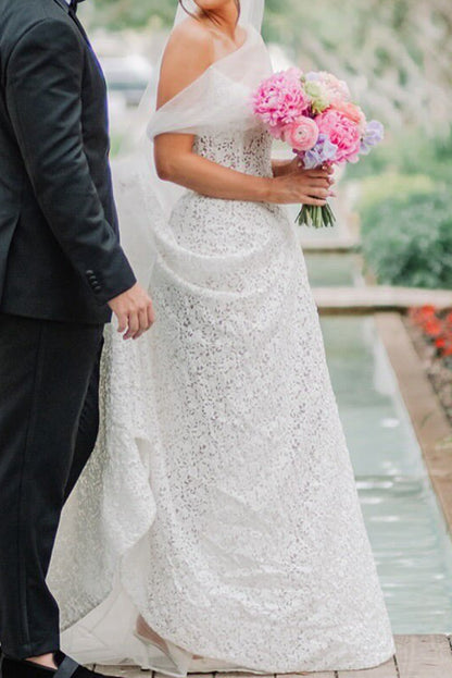 Patterned Lace A-Line Wedding Dress with Tulle Wrap