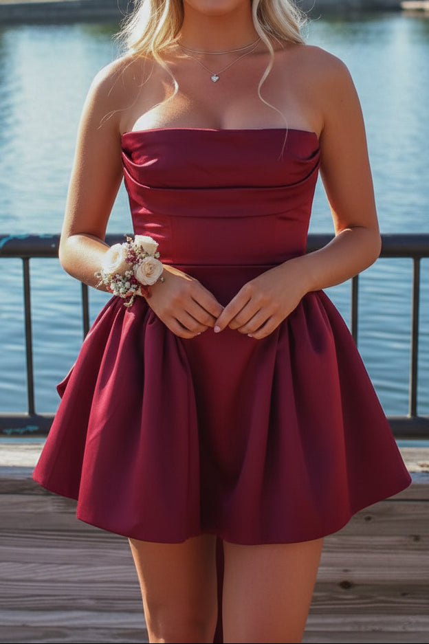 Strapless High-Low Satin Party Dress with Bow
