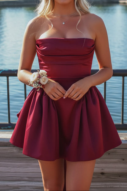Strapless High-Low Satin Party Dress with Bow