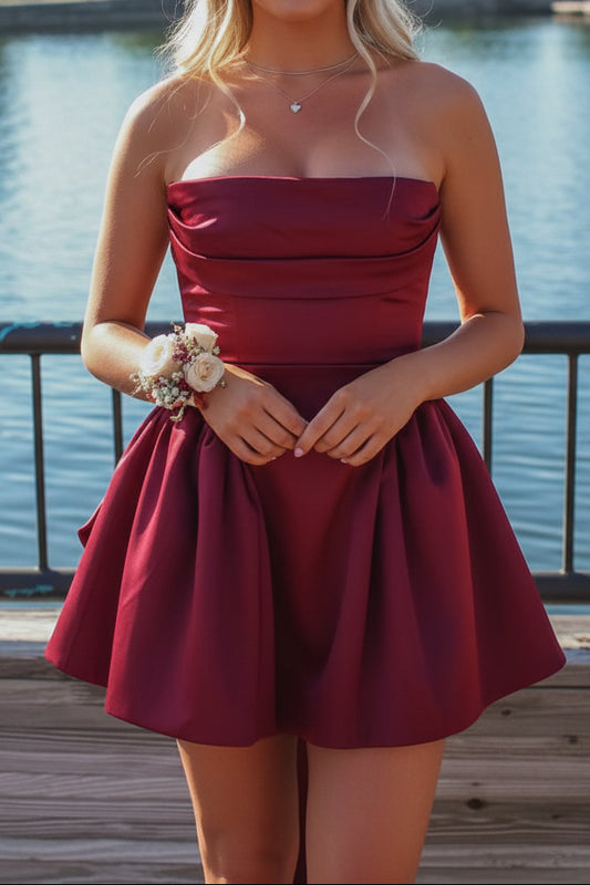 Strapless High-Low Satin Party Dress with Bow