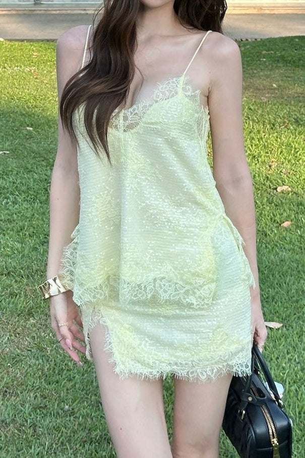 Lace-Trim Slip Mini Dress with Sequin Shimmer Fabric