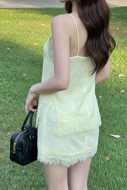 Lace-Trim Slip Mini Dress with Sequin Shimmer Fabric