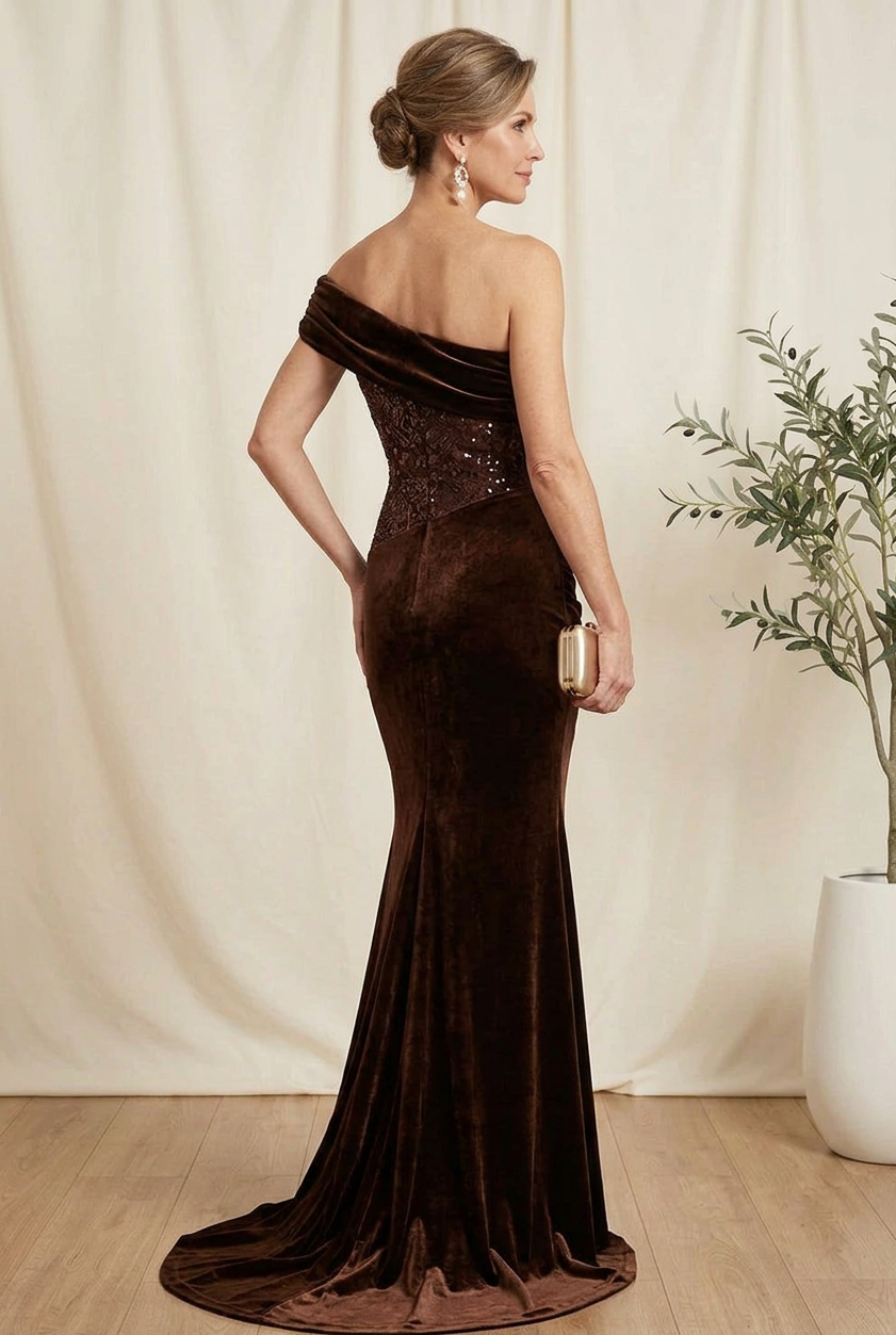 One-Shoulder Ruched Velvet Gown with Sequins