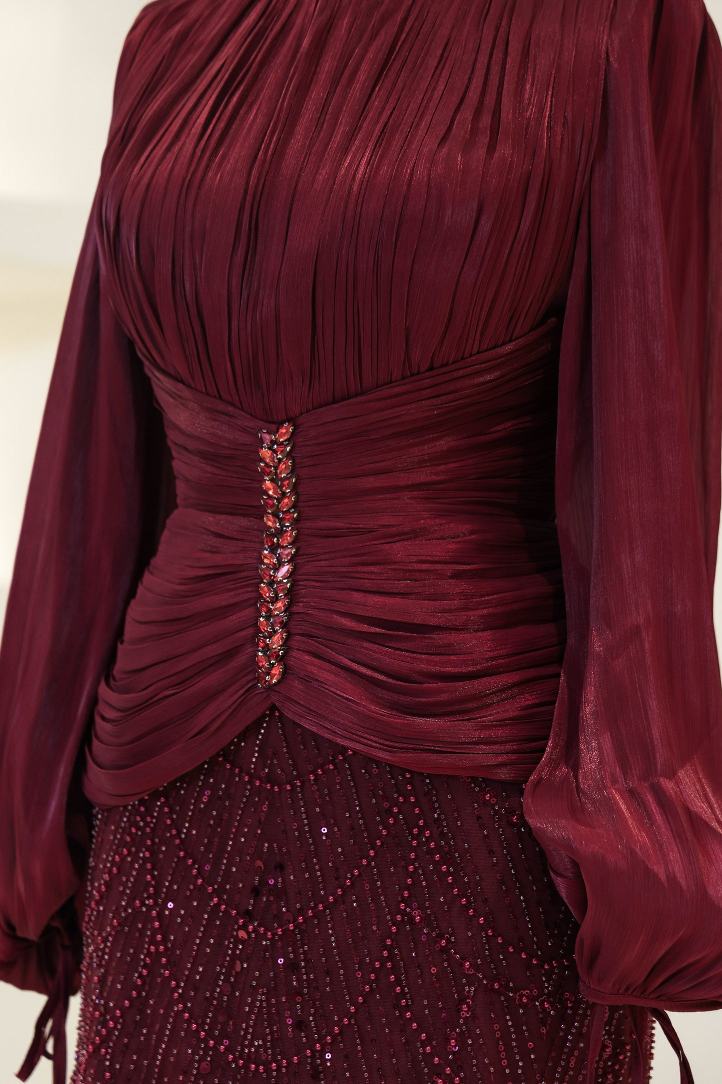 Long Sleeve Sequin Beaded Gown with Pleated Satin Bodice