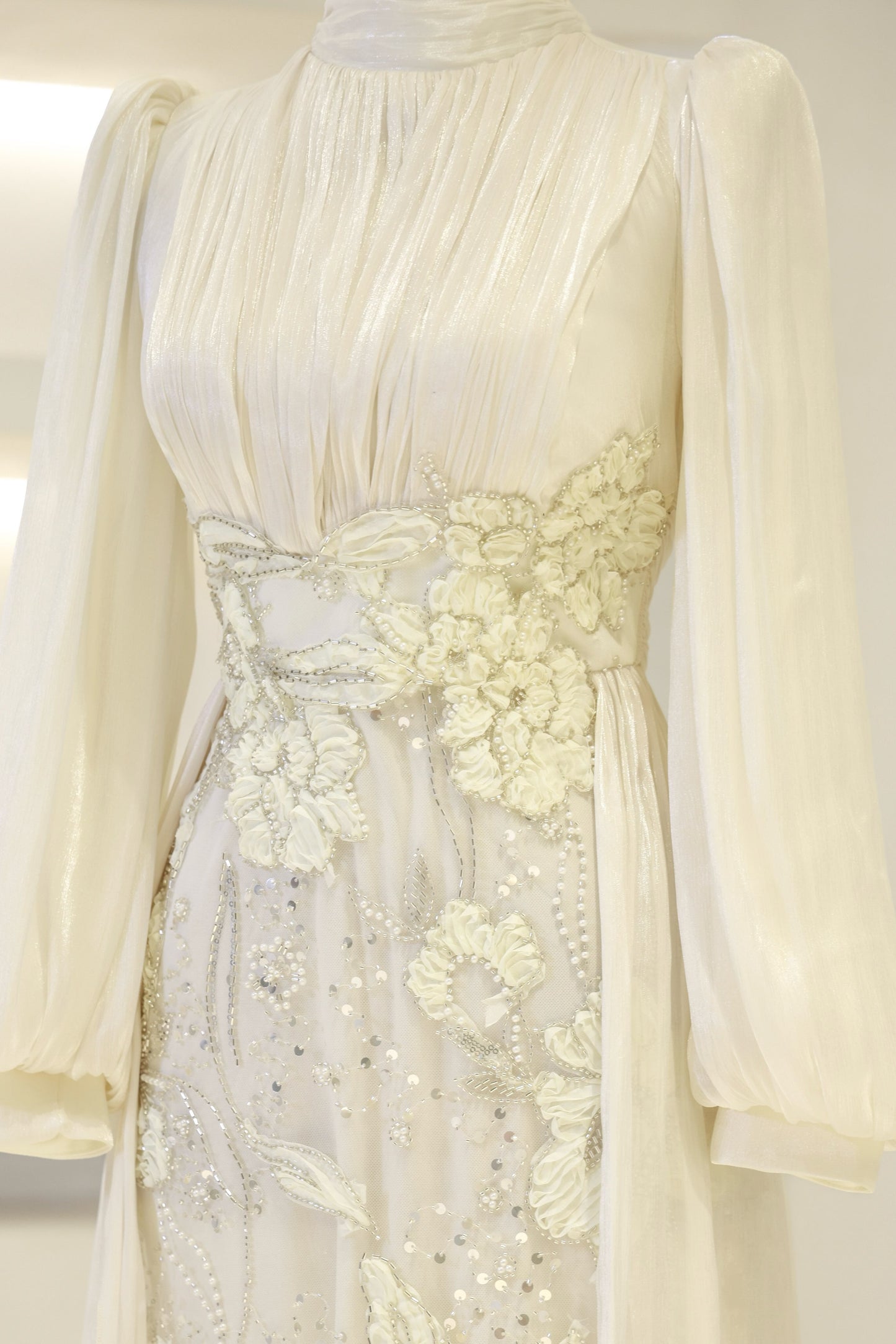 Long-Sleeve High-Neck Evening Gown with Floral Beaded Skirt