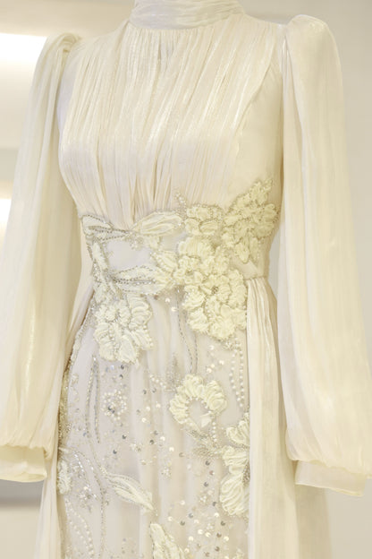 Long-Sleeve High-Neck Evening Gown with Floral Beaded Skirt