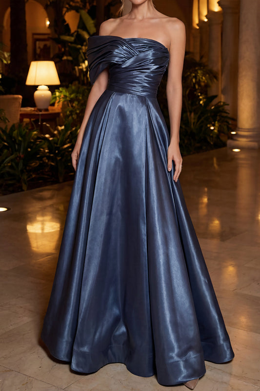 Asymmetric Pleated Satin A-Line Evening Gown