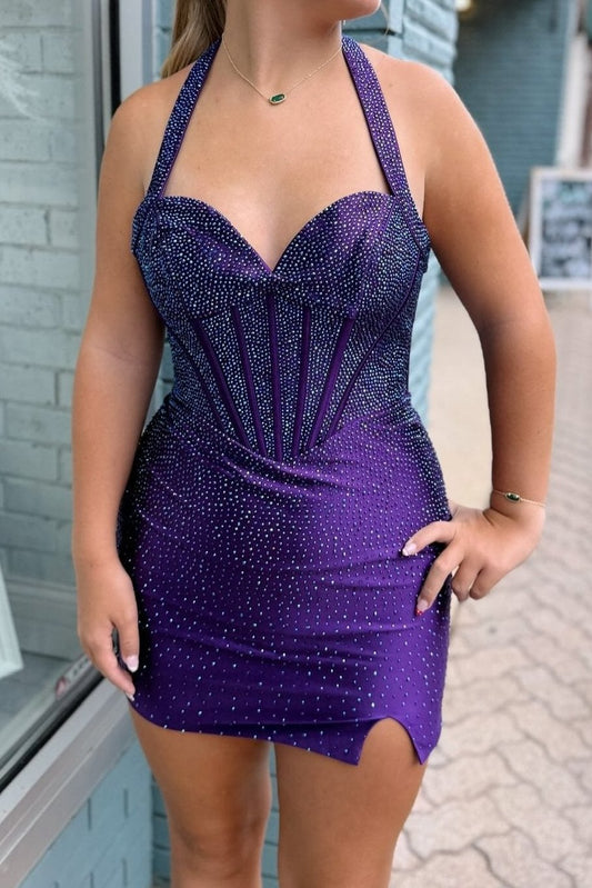 Rhinestone Corset Halter Mini Dress with Slit