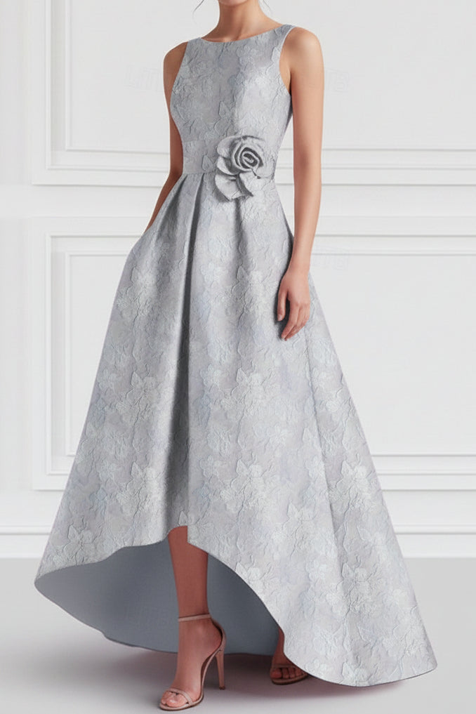 High-Low Floral Jacquard A-Line Dress with Pockets