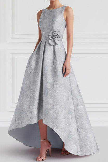 High-Low Floral Jacquard A-Line Dress with Pockets