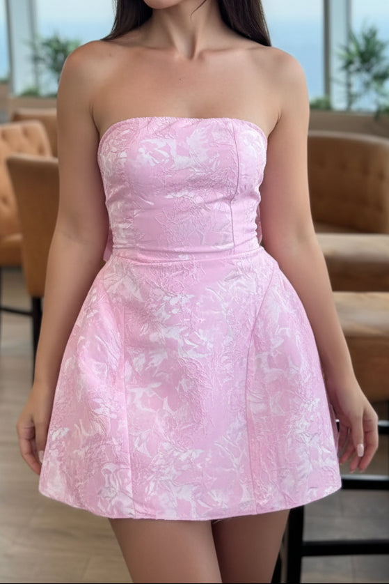 Strapless Jacquard Mini Dress with Oversized Back Bow