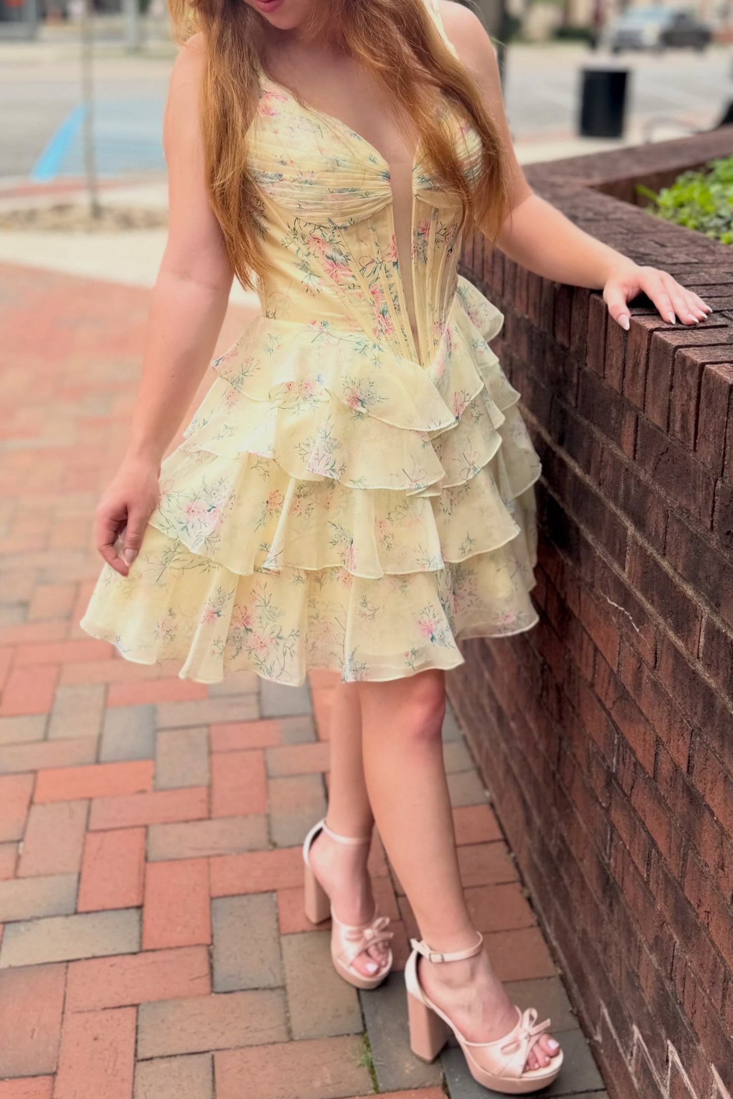 Floral Print Corset Mini Dress with Tiered Ruffle Skirt