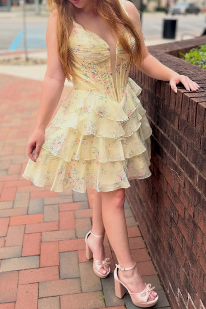 Floral Print Corset Mini Dress with Tiered Ruffle Skirt