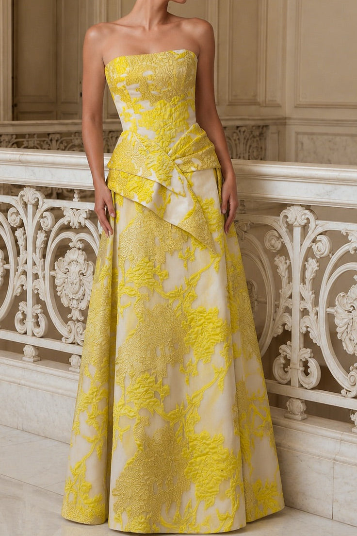 Strapless Jacquard A-Line Gown with Peplum