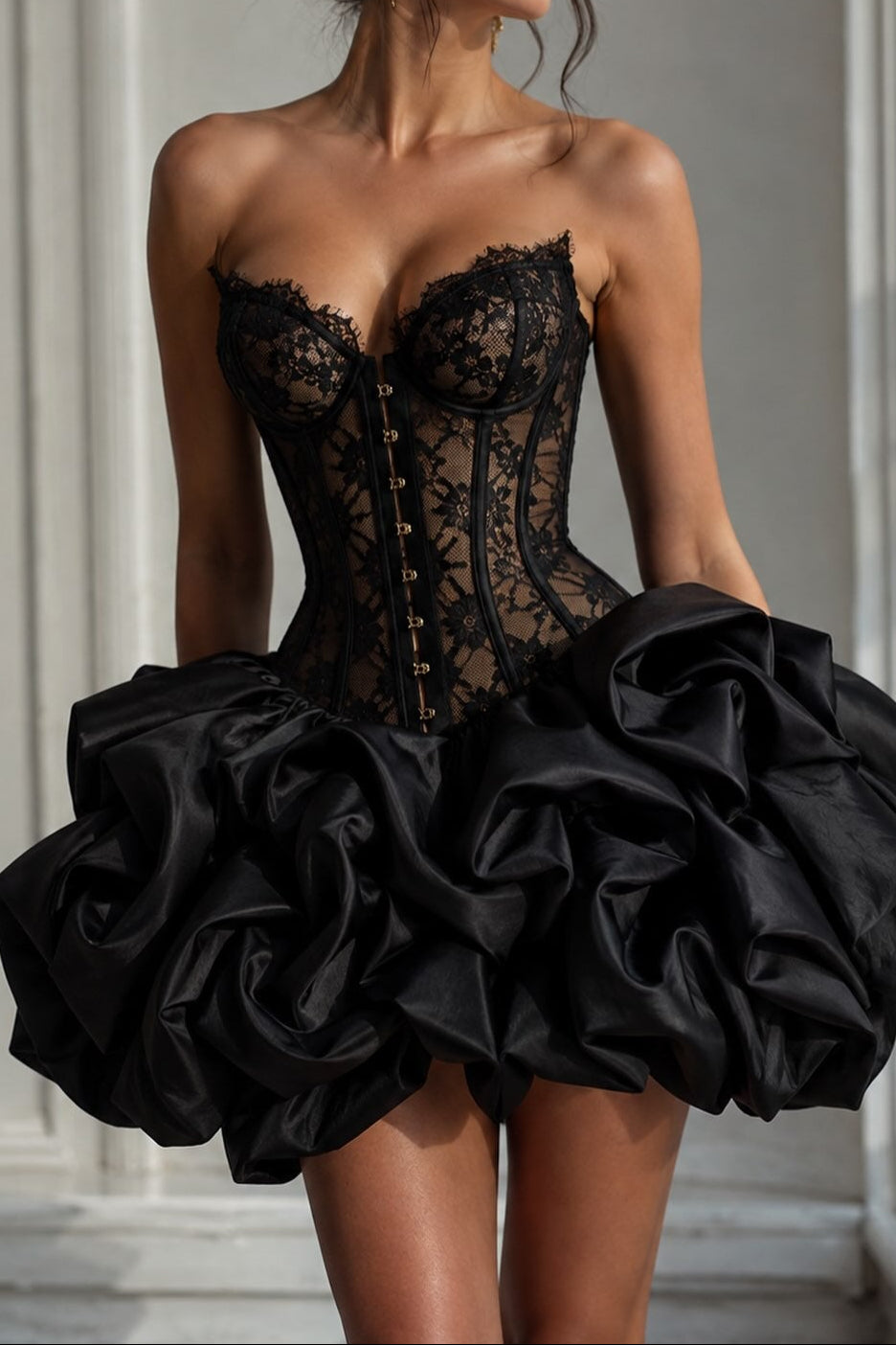 Strapless Lace Corset Mini Dress with Voluminous Skirt