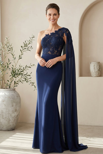 One-Shoulder Lace Bodice Gown with Cape