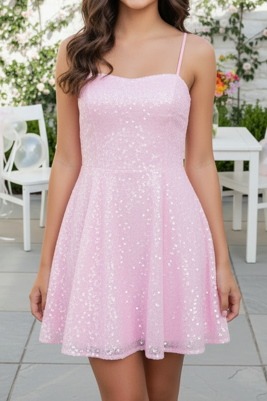 Sequined A-Line Mini Dress with Lace-Up Back