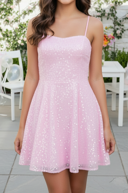 Sequined A-Line Mini Dress with Lace-Up Back