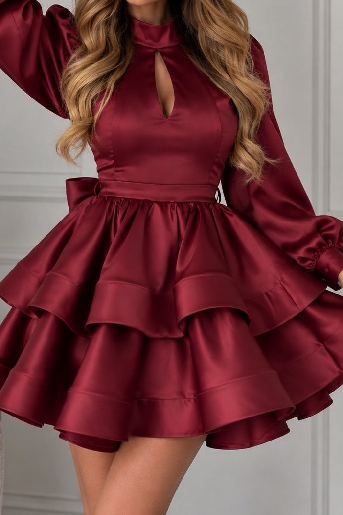 Tiered Satin Mini Dress with Keyhole & Bow