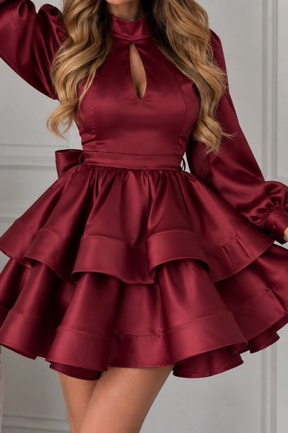 Tiered Satin Mini Dress with Keyhole & Bow