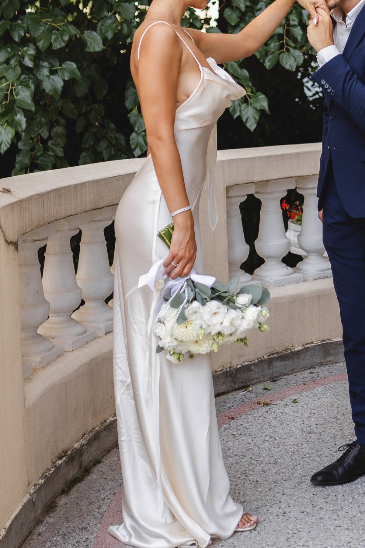 Cowl Neck Satin Slip Wedding Dress with Open Back