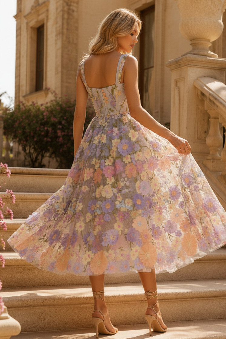 3D Floral Applique Sweetheart Midi Dress