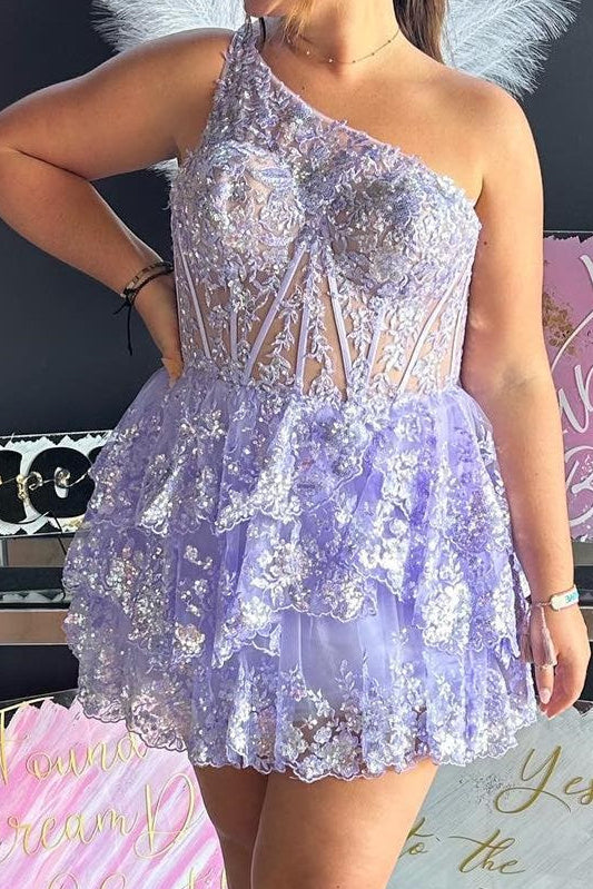 One-Shoulder Tiered Corset Short Homecoming Dress