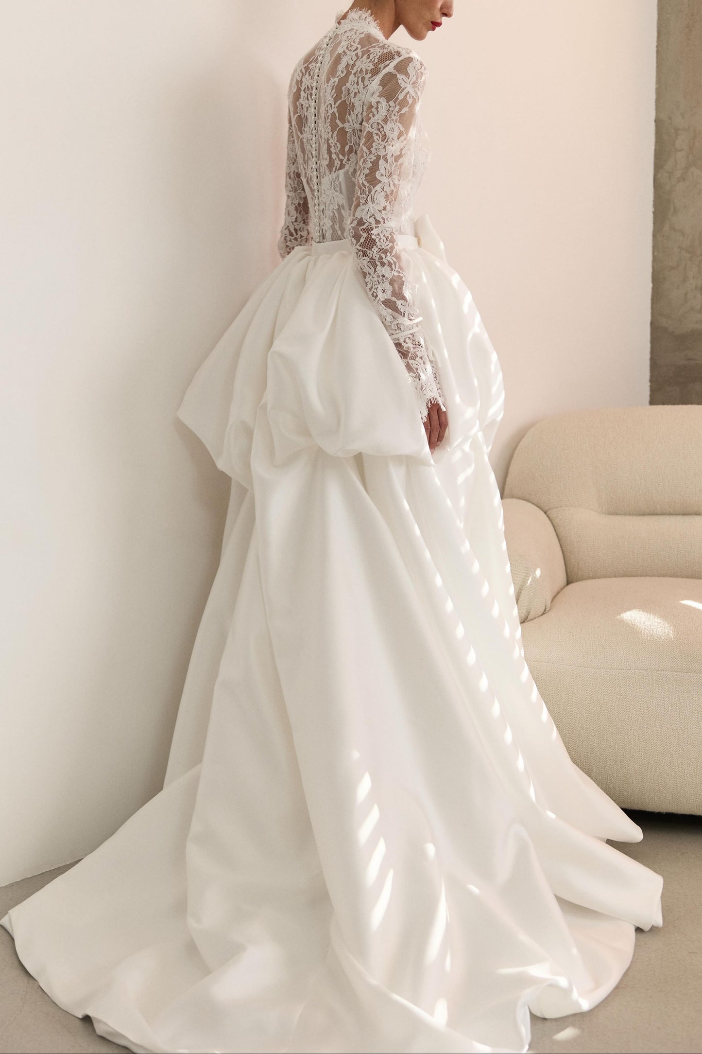 Lace Long Sleeve Wedding Dress with Bow Overskirt