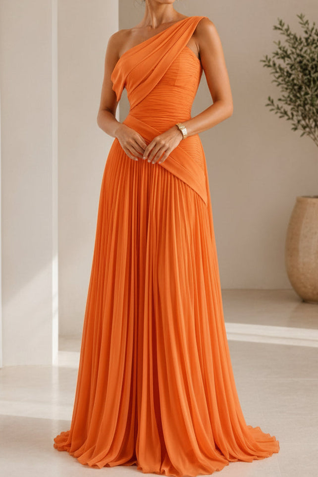 One-Shoulder Pleated A-Line Evening Gown
