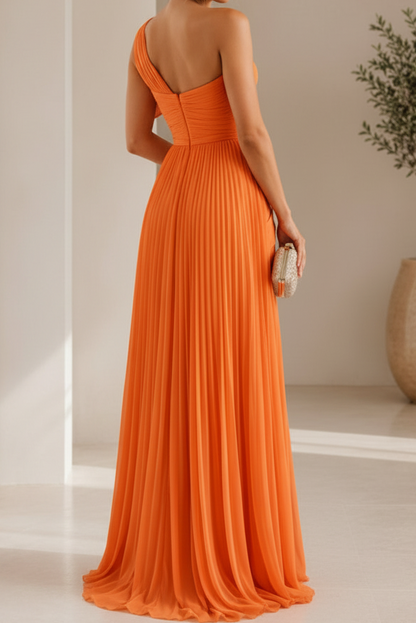 One-Shoulder Pleated A-Line Evening Gown