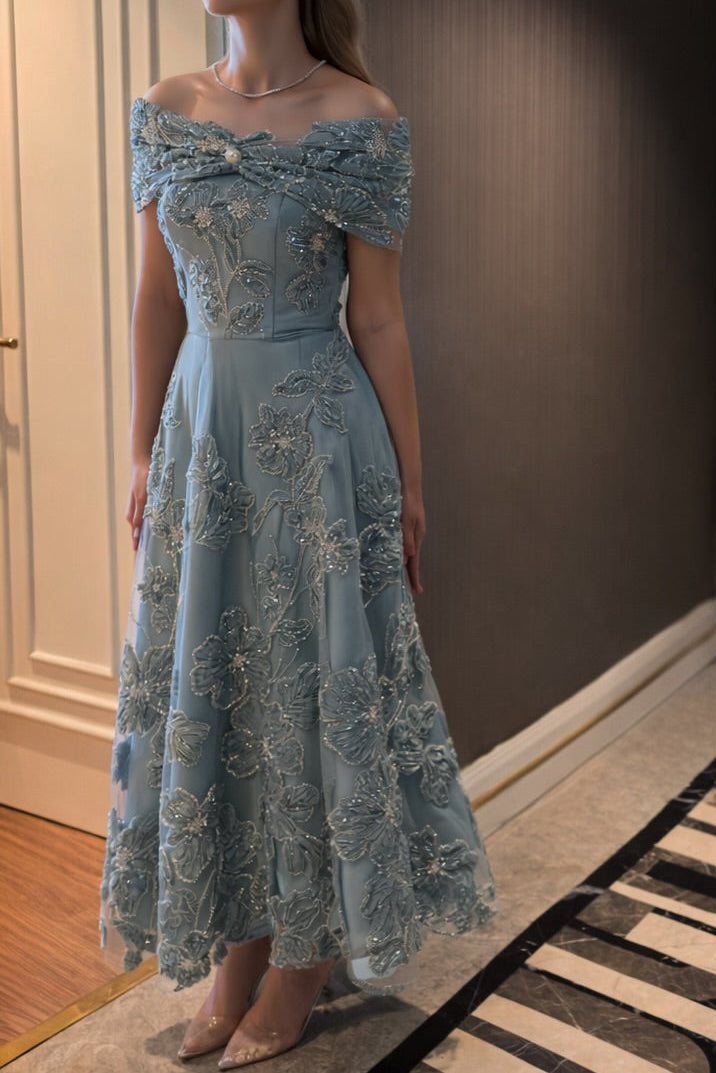 Off-the-Shoulder Embroidered A-Line Tea-Length Gown