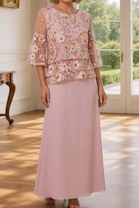 Floral Embroidered Tiered-Top A-Line Ankle-Length Dress
