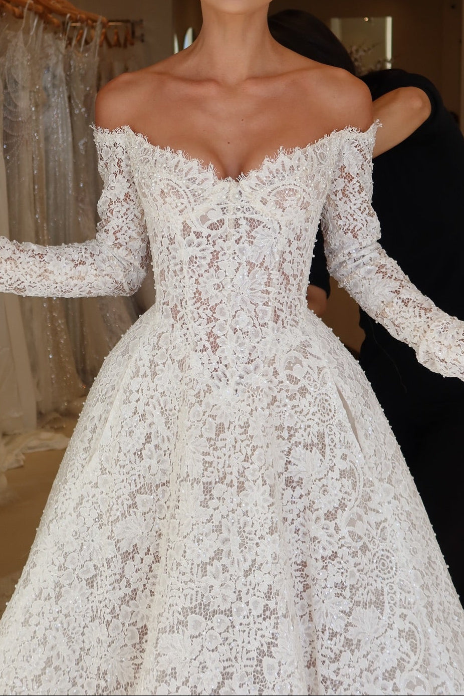 Off-the-Shoulder Lace Ball Gown Wedding Dress