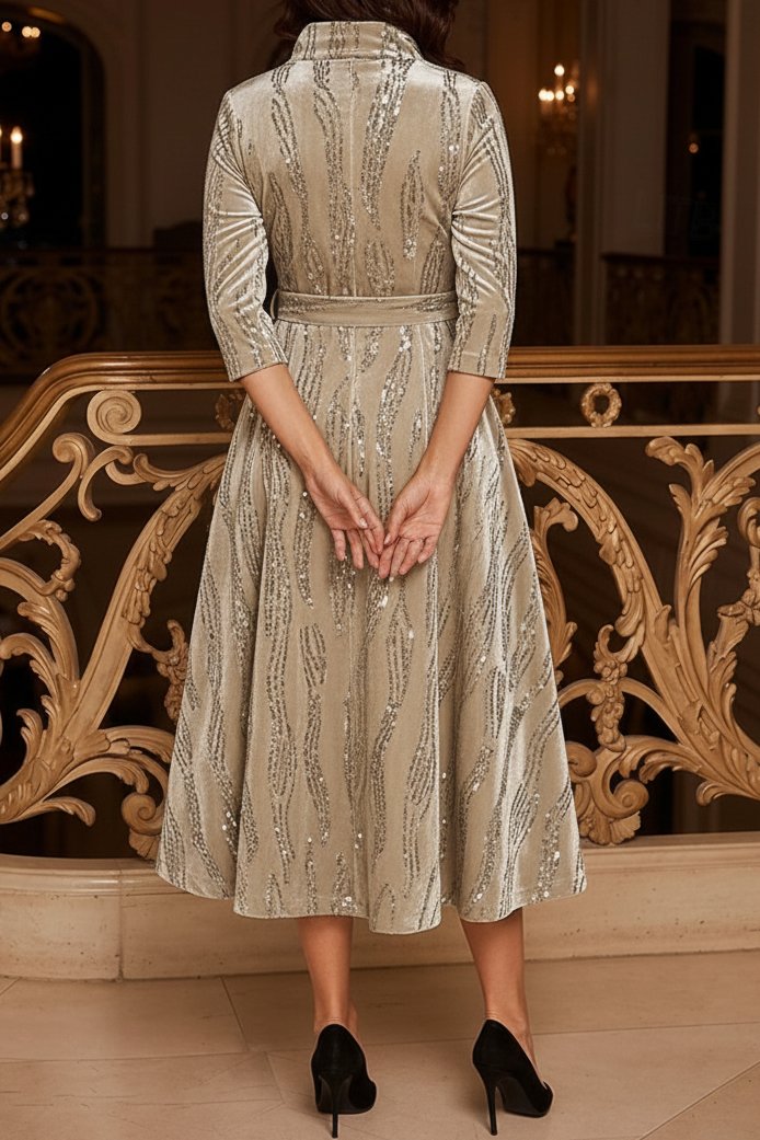Sequin Velvet Midi Dress with Collar and Belt