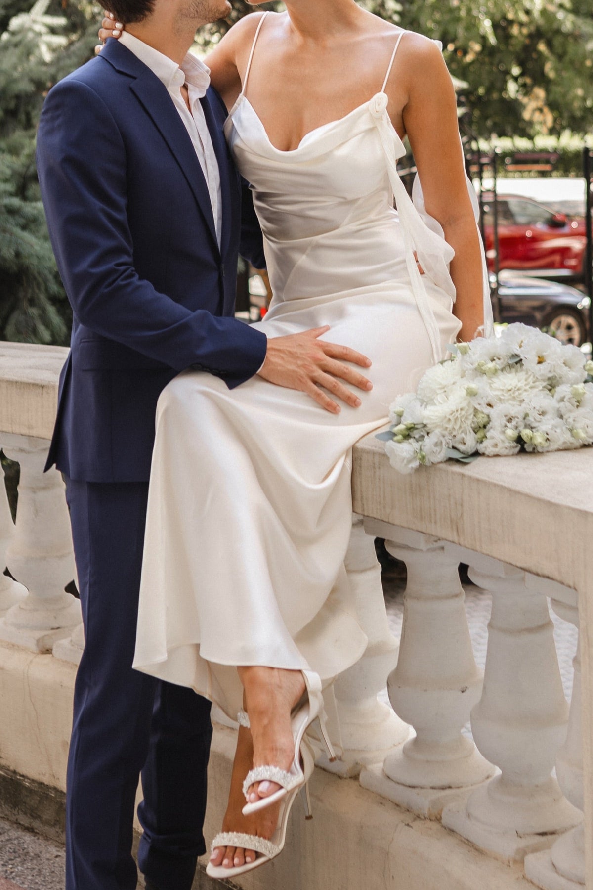 Cowl Neck Satin Slip Wedding Dress with Open Back