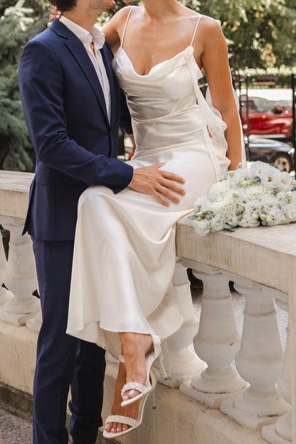 Cowl Neck Satin Slip Wedding Dress with Open Back