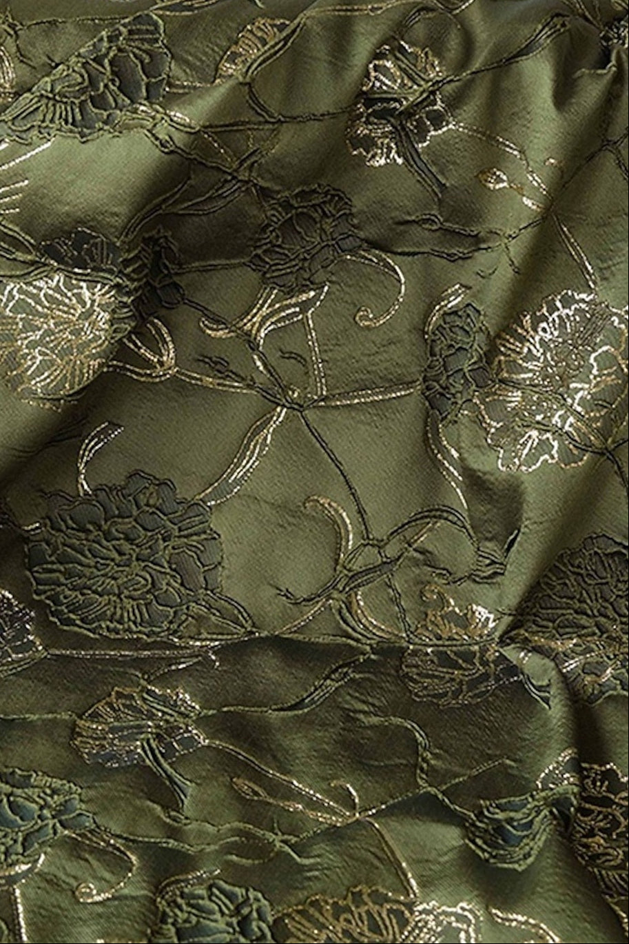 Floral Metallic Jacquard A-Line Dress with 3/4 Sleeves